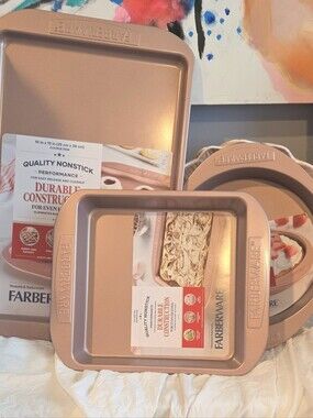 FARBERWARE 3PC Bakeware Set Matte Rose Cake Round, Cookie Sheet, Brownie Pan NWT